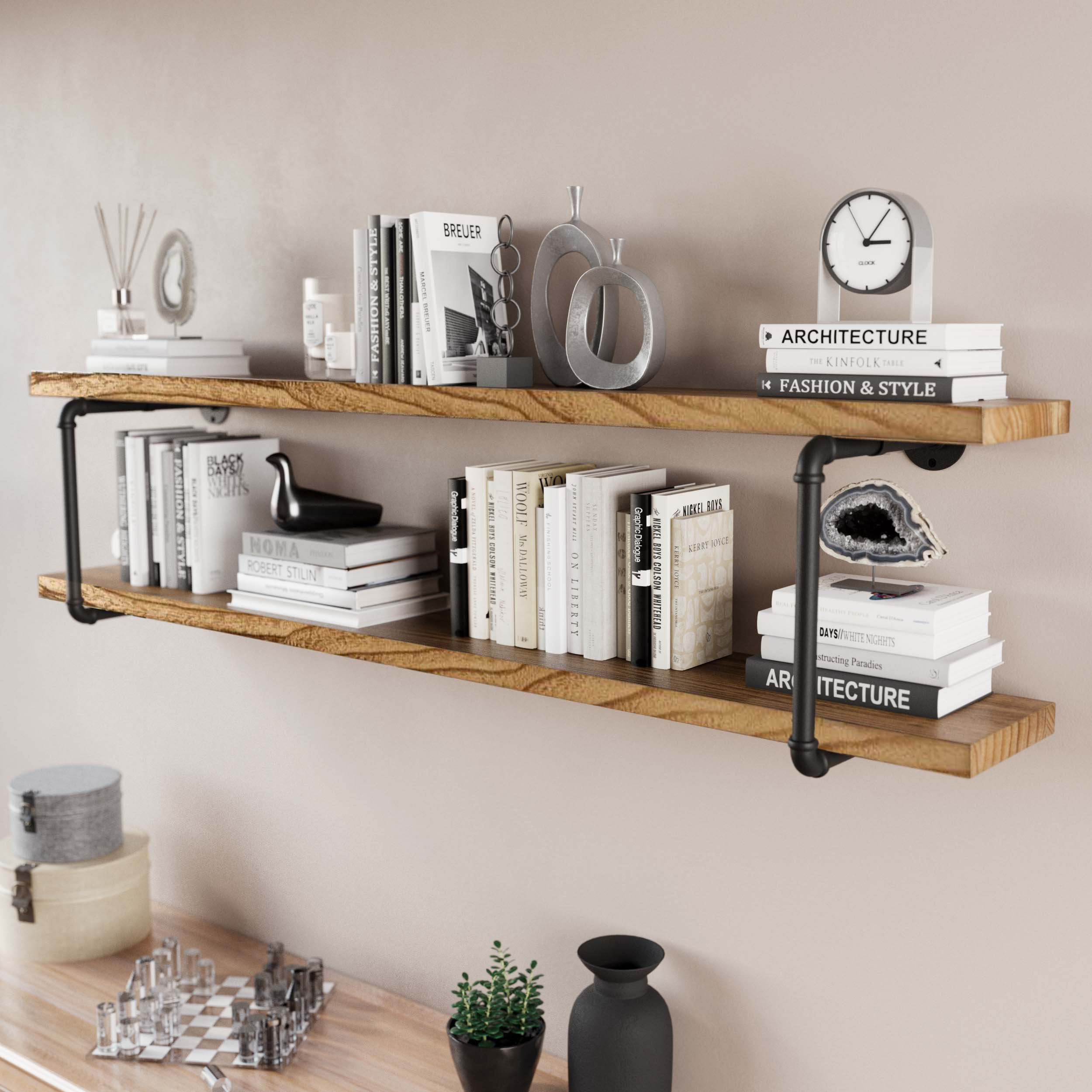 Williston 60" Industrial Pipe Shelf, Wood Wall Shelves, Floating